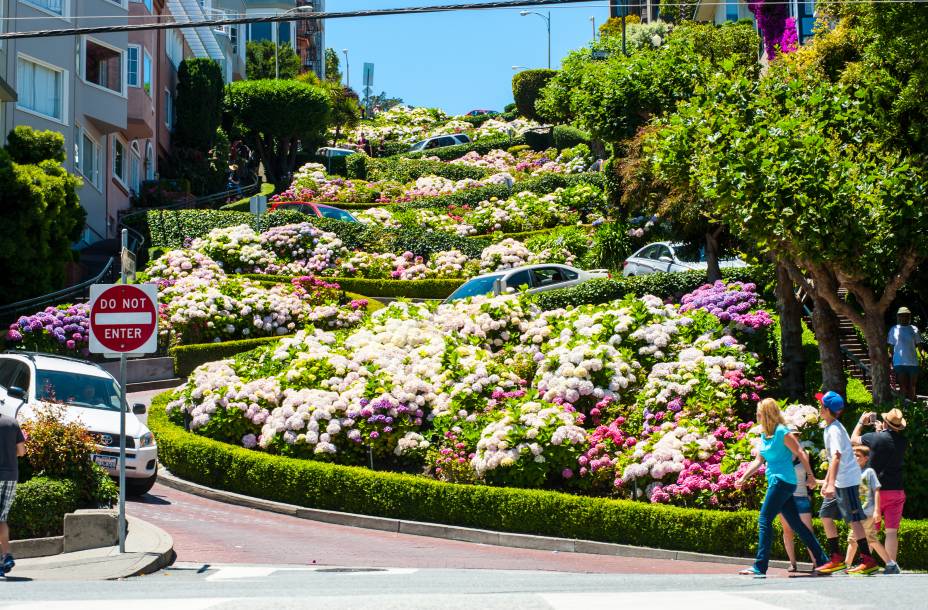 <strong>Lombard Street, <a href="https://viajeaqui.abril.com.br/cidades/estados-unidos-san-francisco" rel="São Francisco" target="_blank">São Francisco</a></strong>        SanFran já é a cidade símbolo das ladeiras, mas sua fama é ainda maior graças à Lombard Street, a rua mais torta do mundo. Sua inclinação era tão proeminente para os carros passarem que um acostamento em ziguezague foi construído. São oito curvas bem acentuadas, moldadas por um canteiro de flores