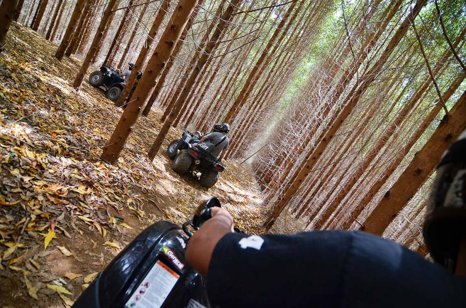 O passeio de quadriciclo na Fazenda Radical (onde está a Megatirolesa) tem um percurso de 13 quilômetros em meio a uma floresta de eucaliptos