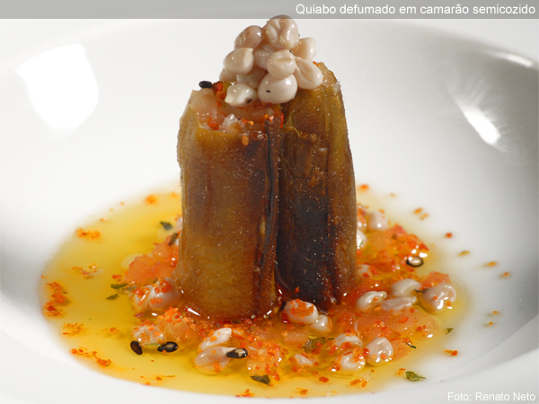 Prato de Roberta Sudbrack: quiabo defumado com camarão semicozido Prato de Roberta Sudbrack: quiabo defumado com camarão semicozido