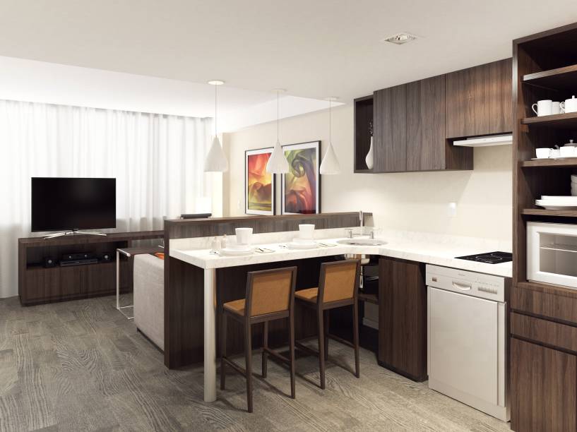 Cozinha americana dentro do quarto do <a href="https://www.marriott.com.br/hotels/travel/riori-residence-inn-rio-de-janeiro-barra-da-tijuca/" rel="Residence Inn " target="_blank">Residence Inn </a>