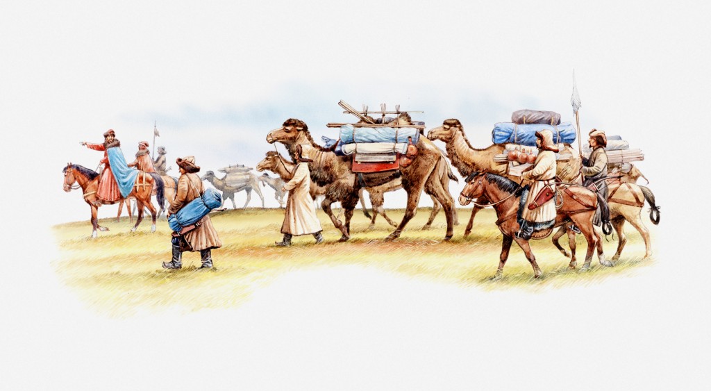 Terra à vista! Na ilustração, Marco Polo em sua caravana, com camelos e cavalos