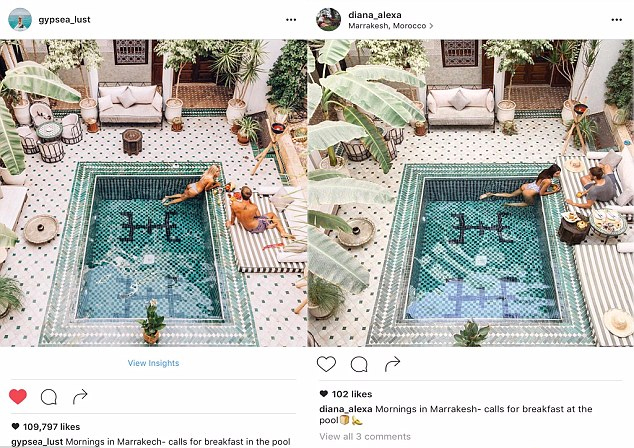 O clique da piscina em hotel de luxo do Marrocos tem algumas variações, mas não podemos dizer que a blogueira da direita foi original