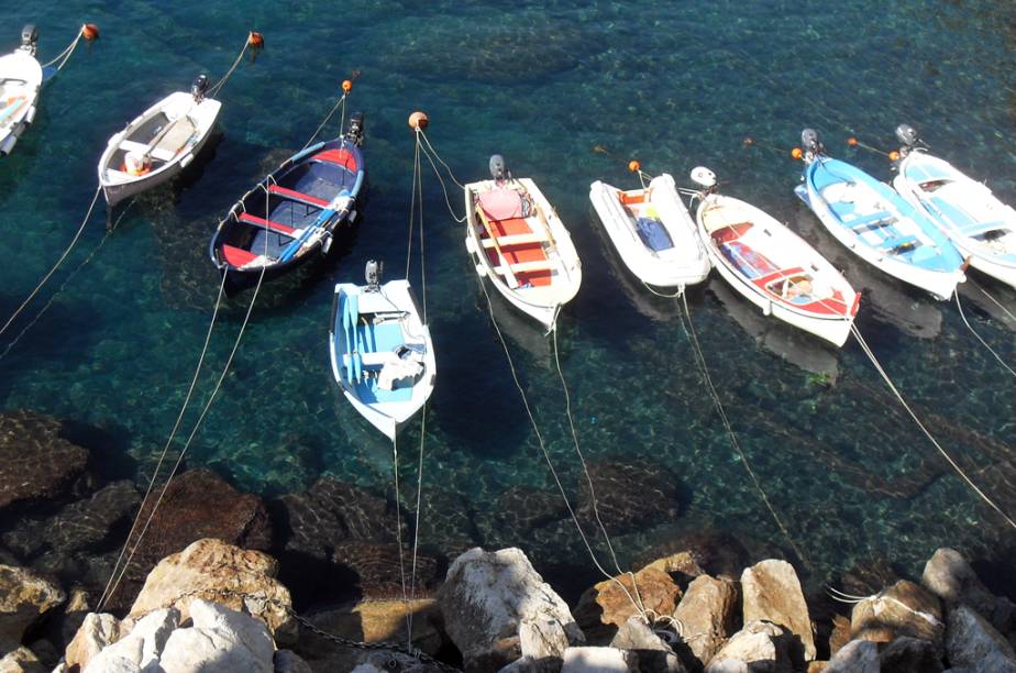 Vista do mar esmeralda e seus barcos de pescadores na cidade de Manarola, <a href="https://viajeaqui.abril.com.br/cidades/italia-cinque-terre" rel="Região de Cinque Terre" target="_blank">Região de Cinque Terre</a>, Itália