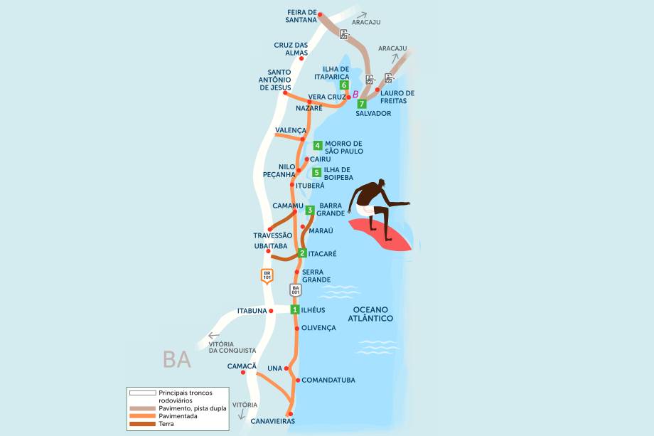 Pegue o seu carro e viaje pelas estradas do cantinho mais malemolente do litoral baiano! Clique na seta à direita para ver nossas sugestões de um roteiro de 25 dias que começa em Ilhéus e segue até a capital, Salvador.