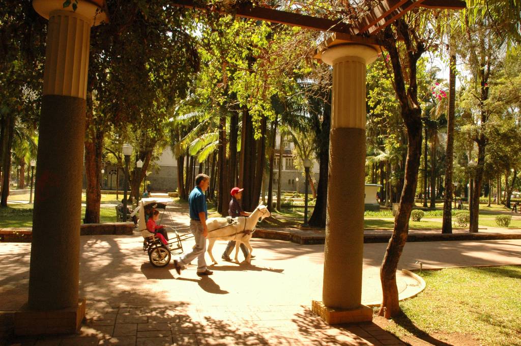 Crianças passeiam de charrete em Praça de Poços de Caldas, Minas Gerais
