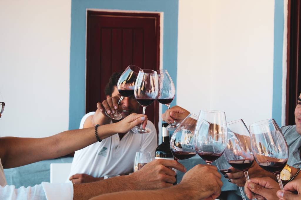 IMG_7930 A imagem é uma foto de várias pessoas brindando com taças de vinho. As taças estão cheias pela metade e centralizadas na imagem e não é possível ver o rosto das pessoas que brindam.