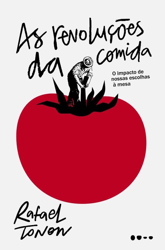 as revolucoes da comida_capa Capa de um livro com uma ilustração de um grande tomate e fundo branco