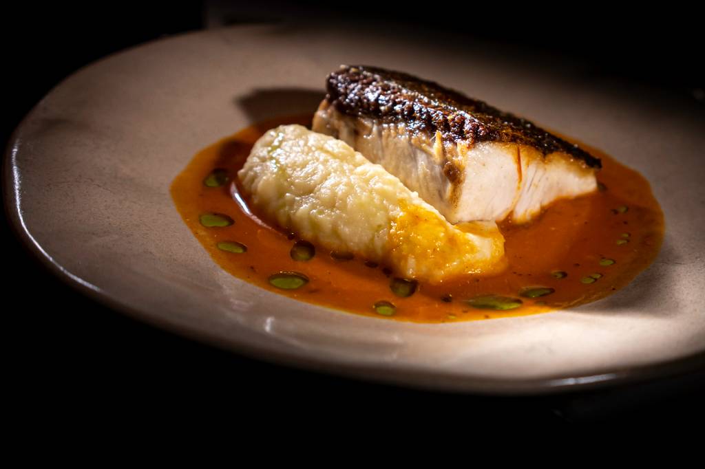 9 Prato com uma posta de peixe e um purê amarelo ao lado, sobre uma base de molho cor de ferrugem