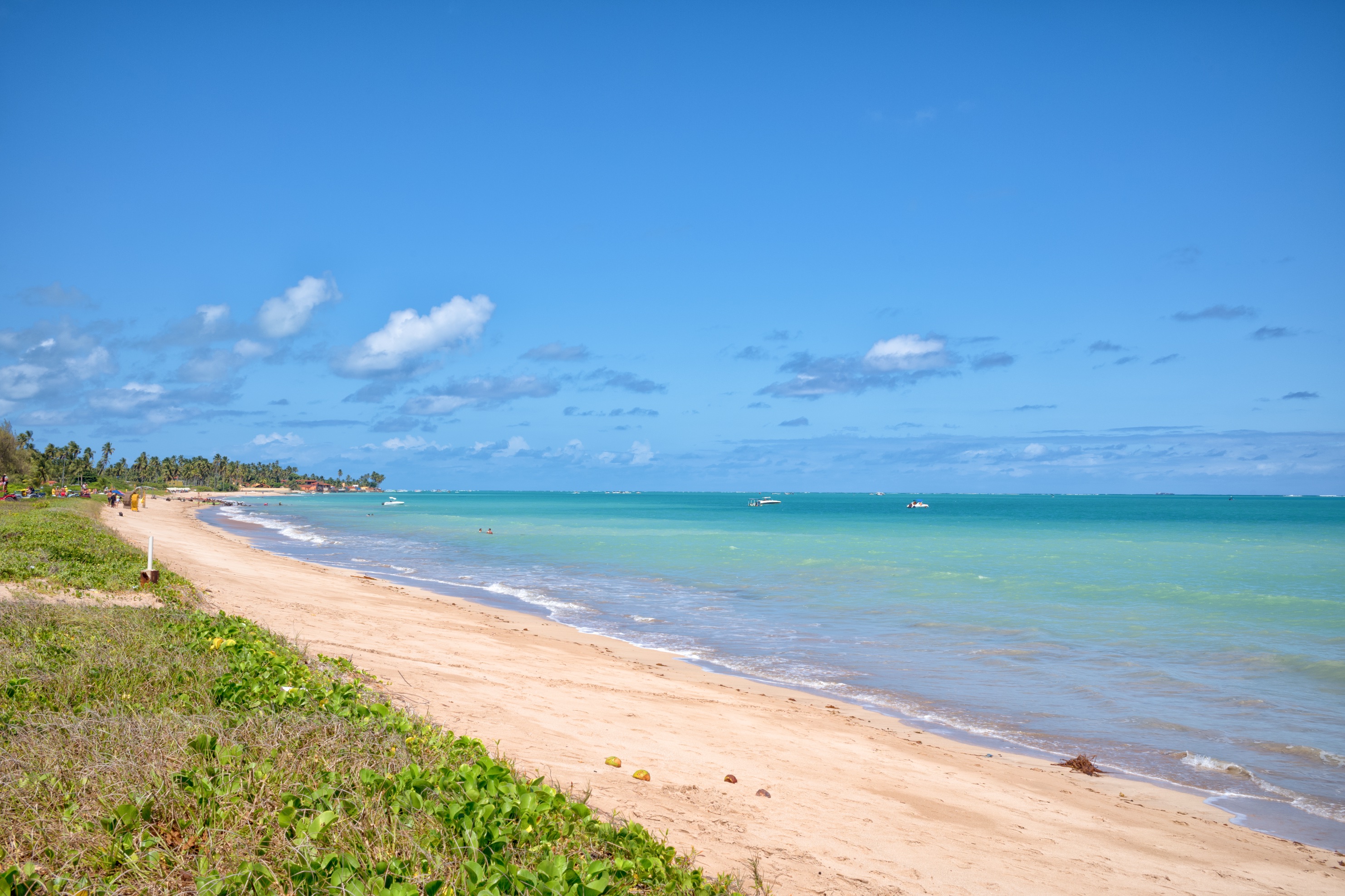 Praia de Antunes, Maragogi, Alagoas Na fotografia é possível observar uma pequena faixa de areia e um mar azul esverdeado raso e com poucas ondas. A areia é cercada por vegetação e o céu é azul e com poucas nuvens.