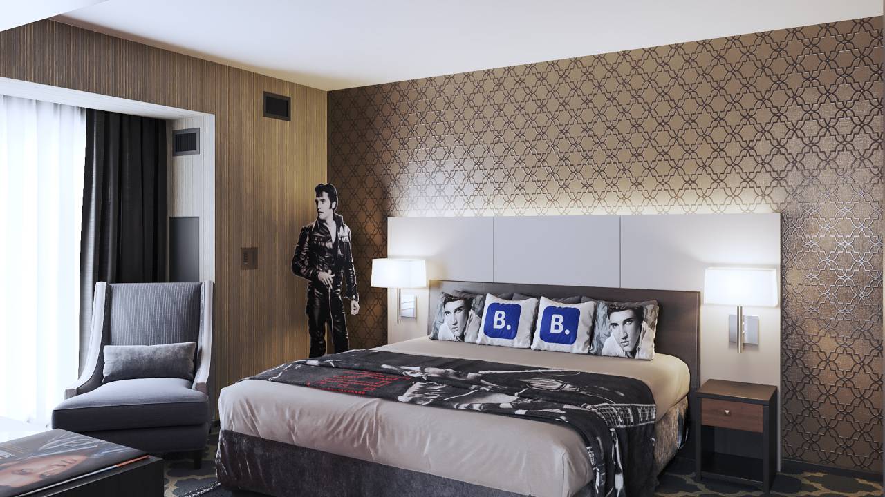 A imagem colorida mostra um quarto com decorações em cinza e estampas que representam Elvis Presley.