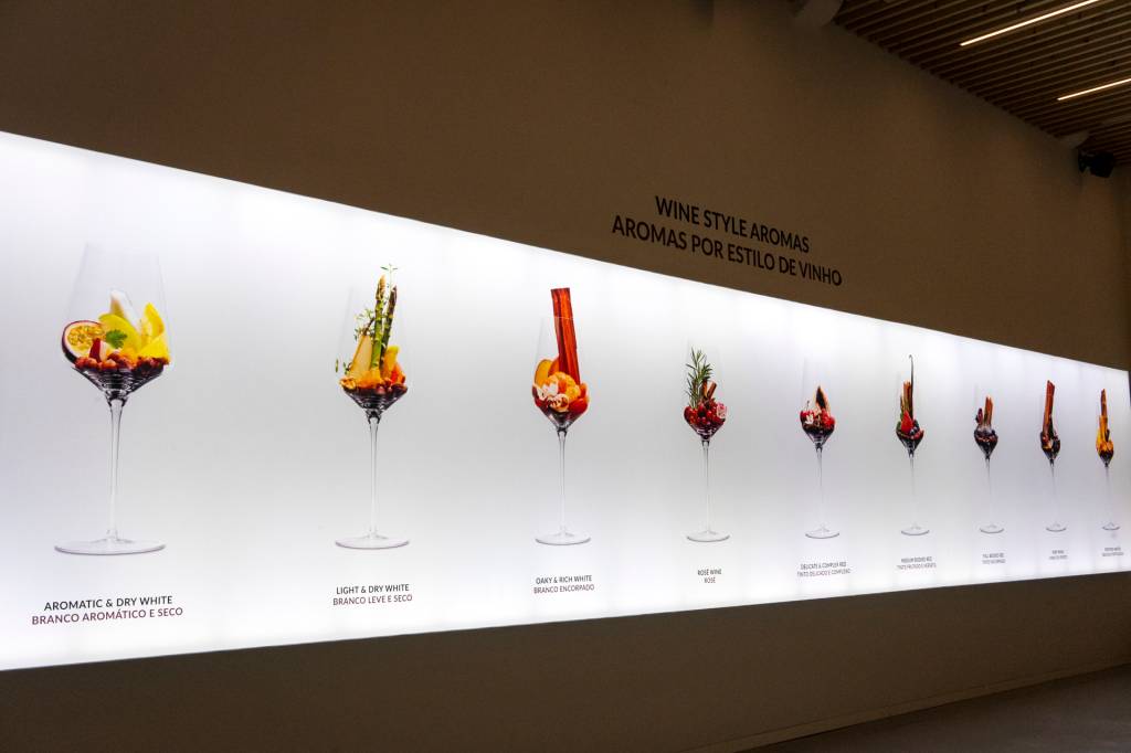 102 Quando com copos de vinhos ilustrando os aromas através de frutas, chocolates e plantas
