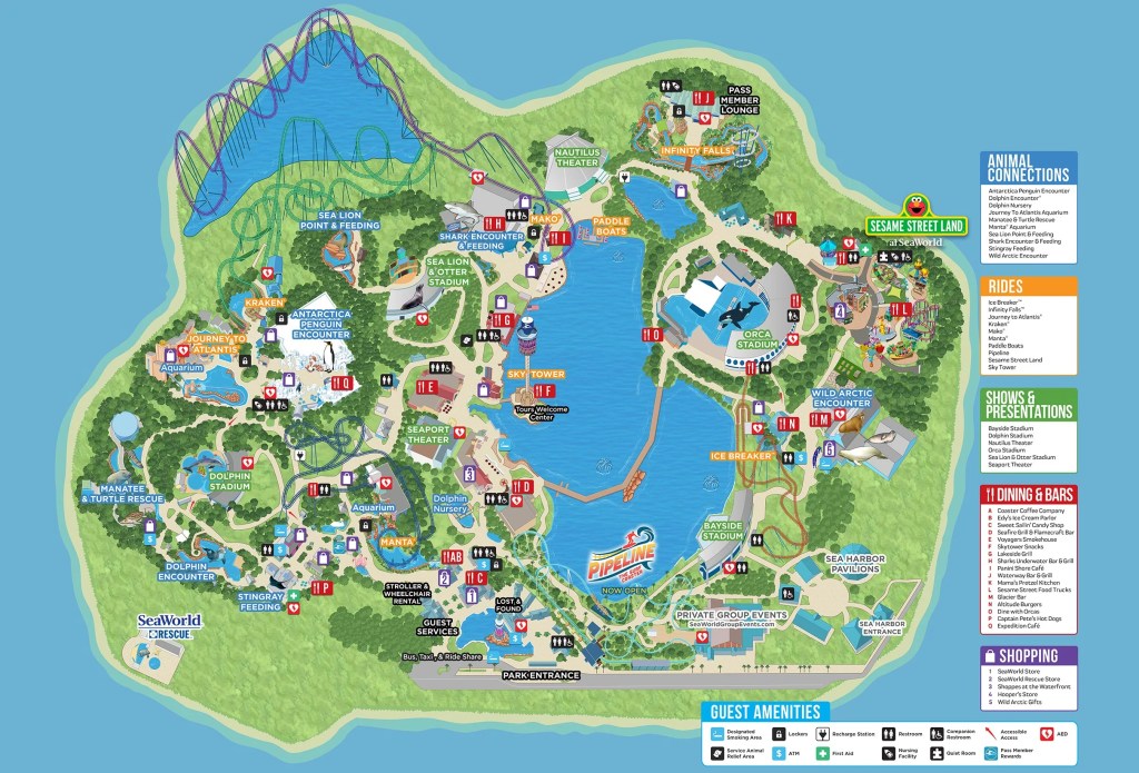 Mapa do SeaWorld, Orlando, Flórida, Estados Unidos