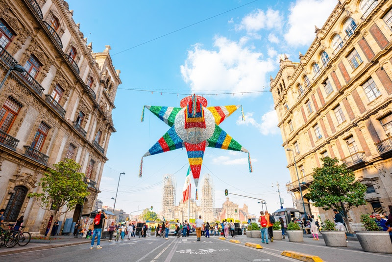 unnamed (1) Mexico City, Mexico; December 13, 2022: main decoration for christmas, giant piñata entrance to the zocalo.