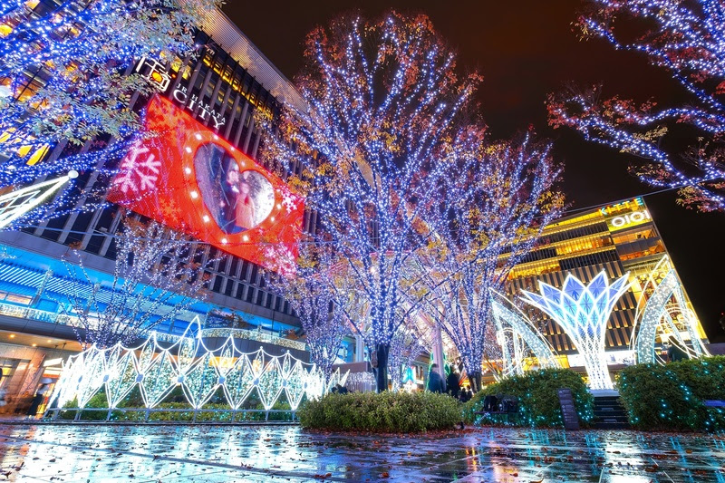 Fukuoka, Japan - Nov 29 2022: Fukuoka Christmas Market and Illuminations at the JR Hakata station is one of the biggest Christmas markets in Japan.